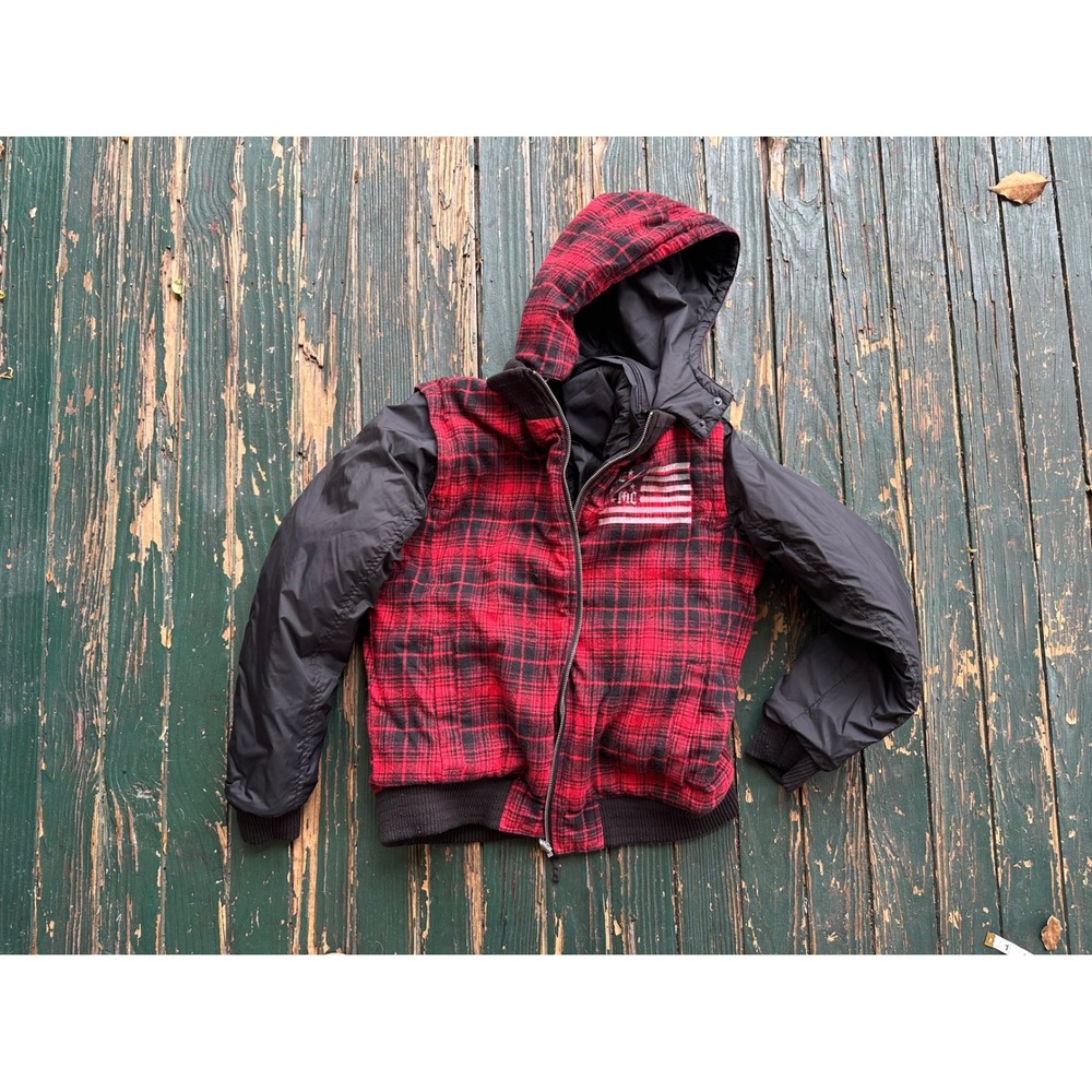 Affliction Black Premium Reversible Plaid Skull Bomber Jacket Hooded Mens Red L